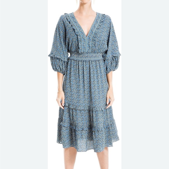MAX STUDIO Ruffle V-Neck Puff SLV Smock Waist Tiered Hem Floral Cottage Midi L - Picture 1 of 16